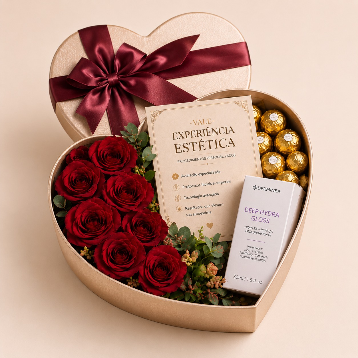 Caixa-presente em formato de coração com rosas vermelhas, chocolates Lindt e produto de beleza Derminea