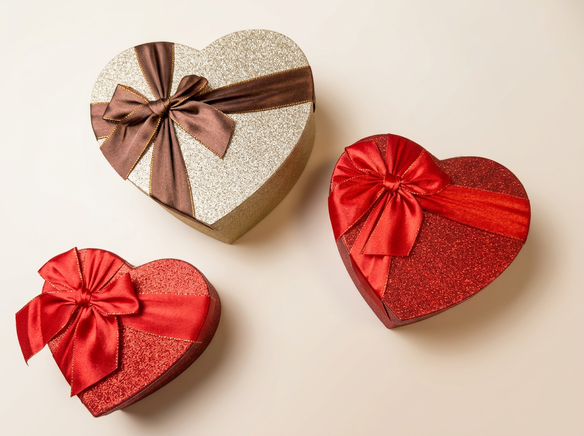 Três caixas-presente em formato de coração com flores e produtos de beleza